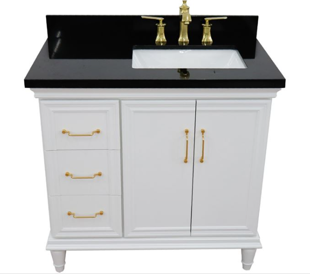 Bellaterra White 37" Single Vanity Black Top Right Door Rectangle Sink-400800-37R-WH