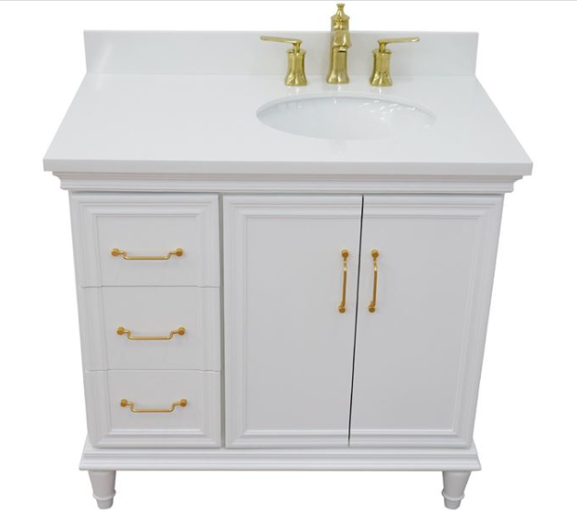 Bellaterra White 37" Single Vanity White Quartz  Top Right Door Oval Sink-400800-37R-WH