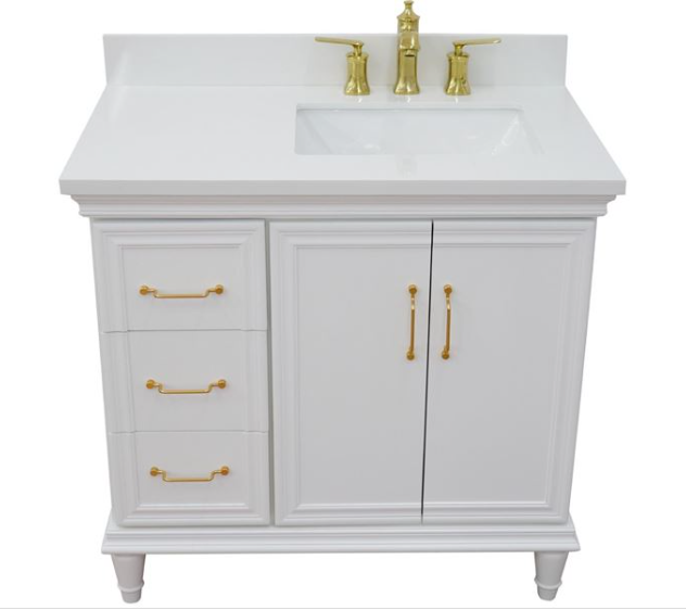 Bellaterra White 37" Single Vanity White Quartz  Top Right Door Rectangle Sink-400800-37R-WH