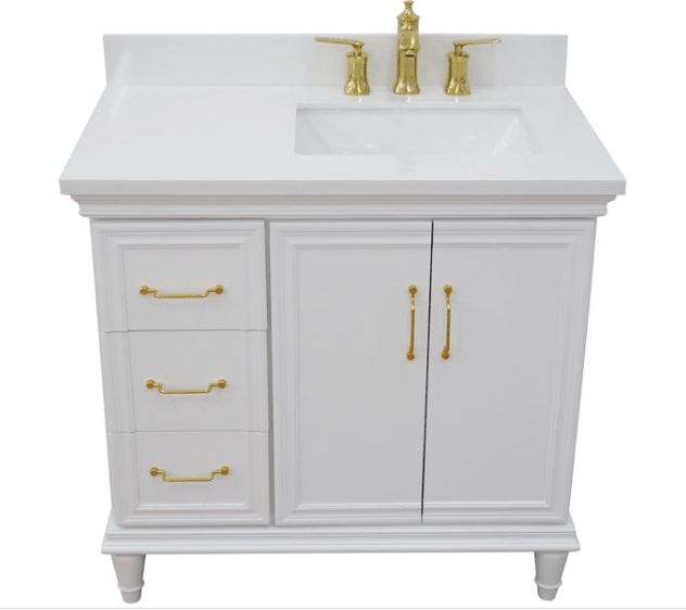 Bellaterra White 37" Single Vanity White Quartz  Top Right Door Rectangle Sink-400800-37R-WH