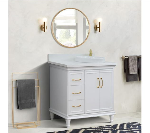 Bellaterra White 37" Single Vanity White Quartz  Top Right Door Round Sink-400800-37R-WH