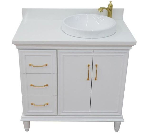 Bellaterra White 37" Single Vanity White Quartz  Top Right Door Round Sink-400800-37R-WH