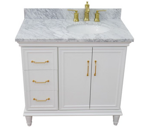 Bellaterra White 37" Single Vanity White Cararra Marble Top Right Door Oval Sink-400800-37R-WH
