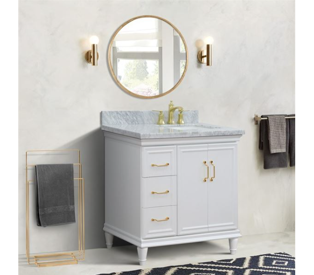 Bellaterra White 37" Single Vanity White Cararra Marble Top Right Door Rectangle Sink-400800-37R-WH