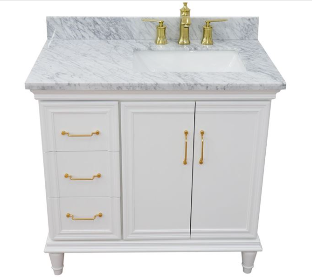 Bellaterra White 37" Single Vanity White Cararra Marble Top Right Door Rectangle Sink-400800-37R-WH