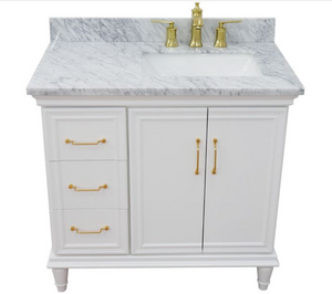 Bellaterra White 37" Single Vanity White Cararra Marble Top Right Door Rectangle Sink-400800-37R-WH