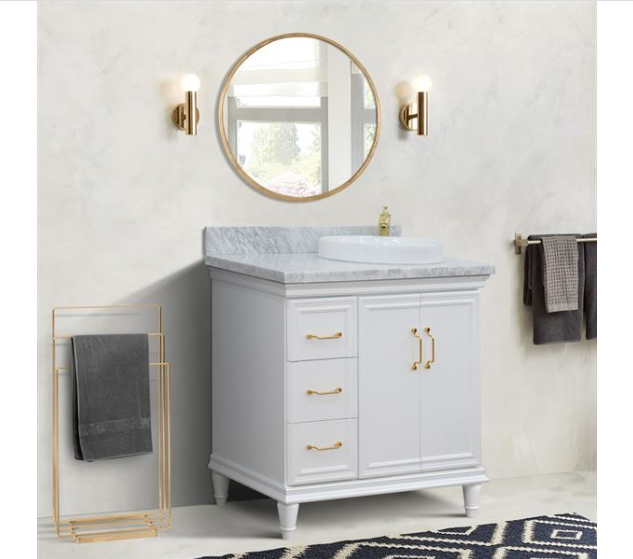 Bellaterra White 37" Single Vanity White Cararra Marble Top Right Door Round Sink-400800-37R-WH