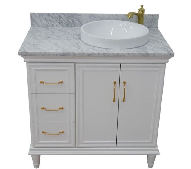 Bellaterra White 37" Single Vanity White Cararra Marble Top Right Door Round Sink-400800-37R-WH