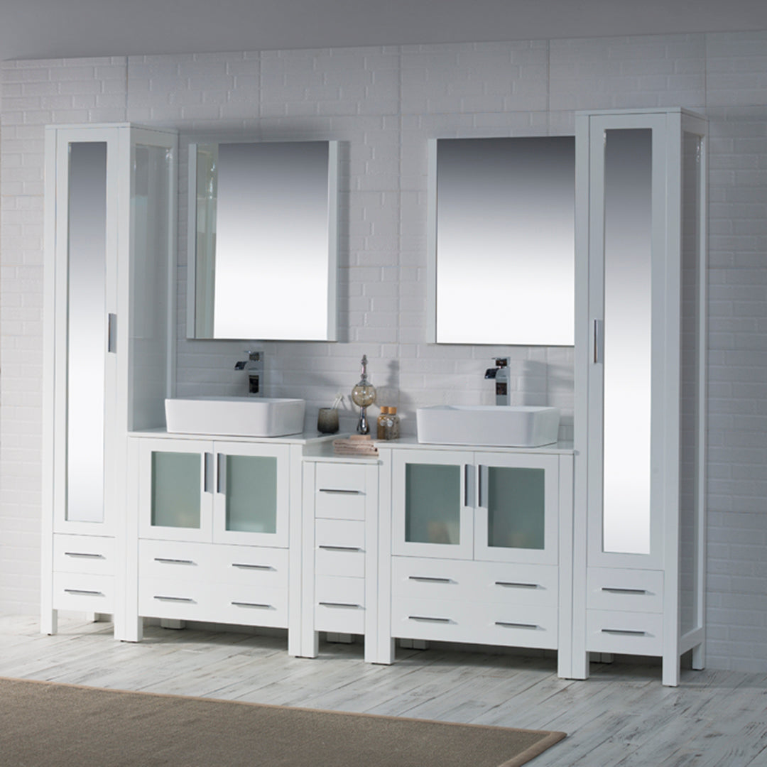 Sydney 102" Double Vanity, Ceramic Vessel Sink, Mirror, Linen Cabinet