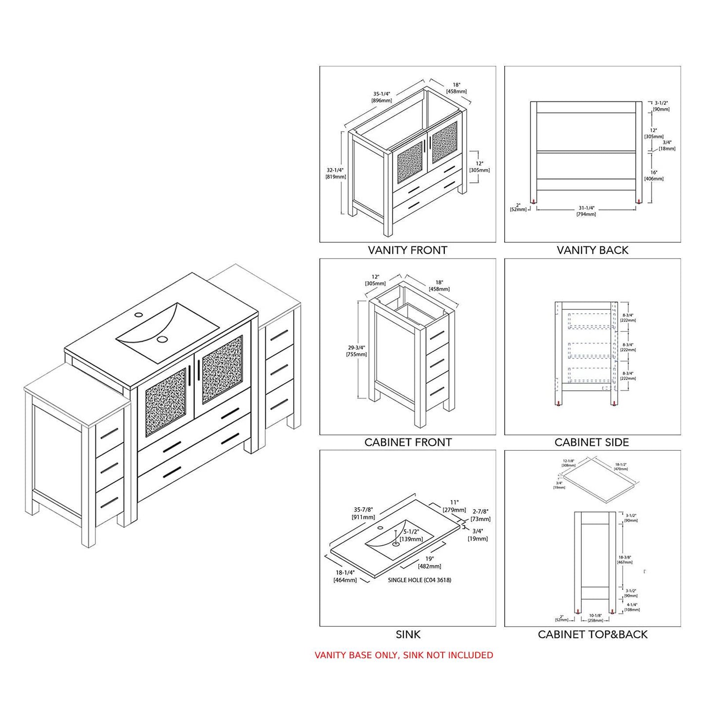 Blossom Sydney 60" Vanity, White, Espresso, Metal Grey, Side Cabinet