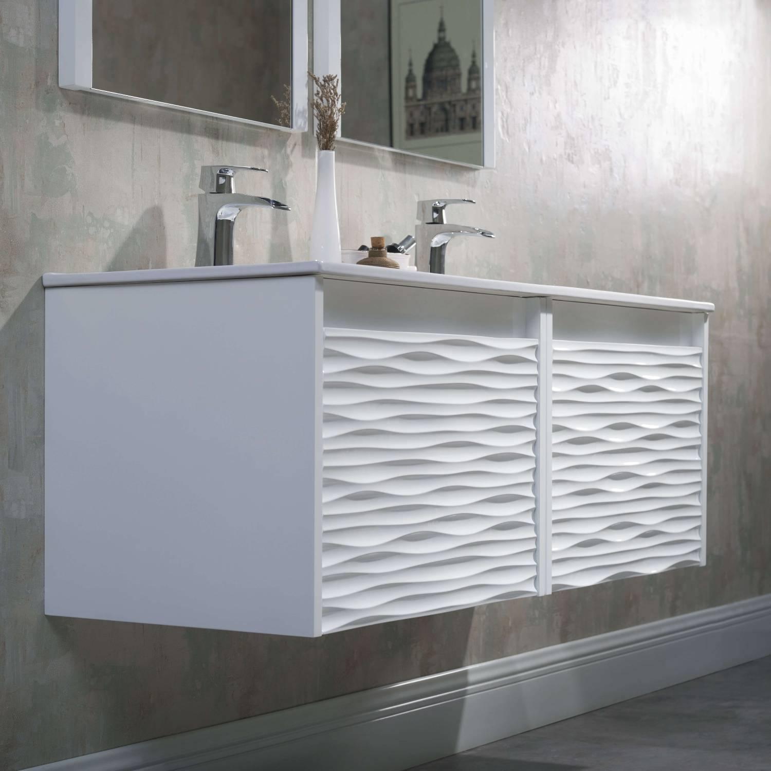 Blossom Paris 48 Inch Vanity Base in White. Available with Ceramic Double Sinks / Ceramic Double Sinks + Mirror / Ceramic Double Sinks + Mirror / Ceramic Double Sinks + Two Mirrors + Two Side Cabinets - The Bath Vanities