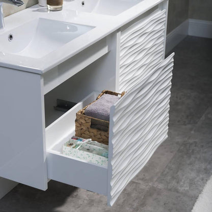 Blossom Paris 48 Inch Vanity Base in White. Available with Ceramic Double Sinks / Ceramic Double Sinks + Mirror / Ceramic Double Sinks + Mirror / Ceramic Double Sinks + Two Mirrors + Two Side Cabinets - The Bath Vanities