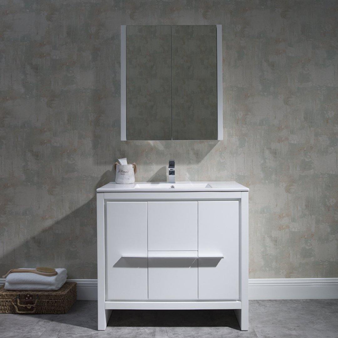 Blossom Milan 36 Inch Vanity Base in White / Silver Grey. Available with Ceramic Sink / Ceramic Sink + Mirror / Ceramic Sink + Mirrored Medicine Cabinet - The Bath Vanities