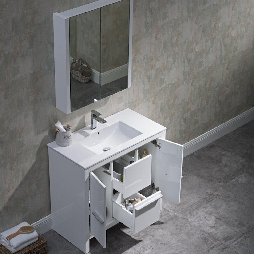 Blossom Milan 36 Inch Vanity Base in White / Silver Grey. Available with Ceramic Sink / Ceramic Sink + Mirror / Ceramic Sink + Mirrored Medicine Cabinet - The Bath Vanities