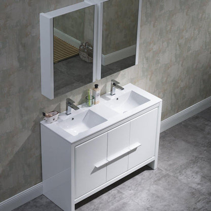 Blossom Milan 48 Inch Vanity Base in White / Silver Grey. Available with Ceramic Single Sink / Ceramic Double Sinks / Ceramic Single Sink + Mirror / Double Sinks + Mirror / Ceramic Double Sinks + Mirrored Medicine Cabinets - The Bath Vanities