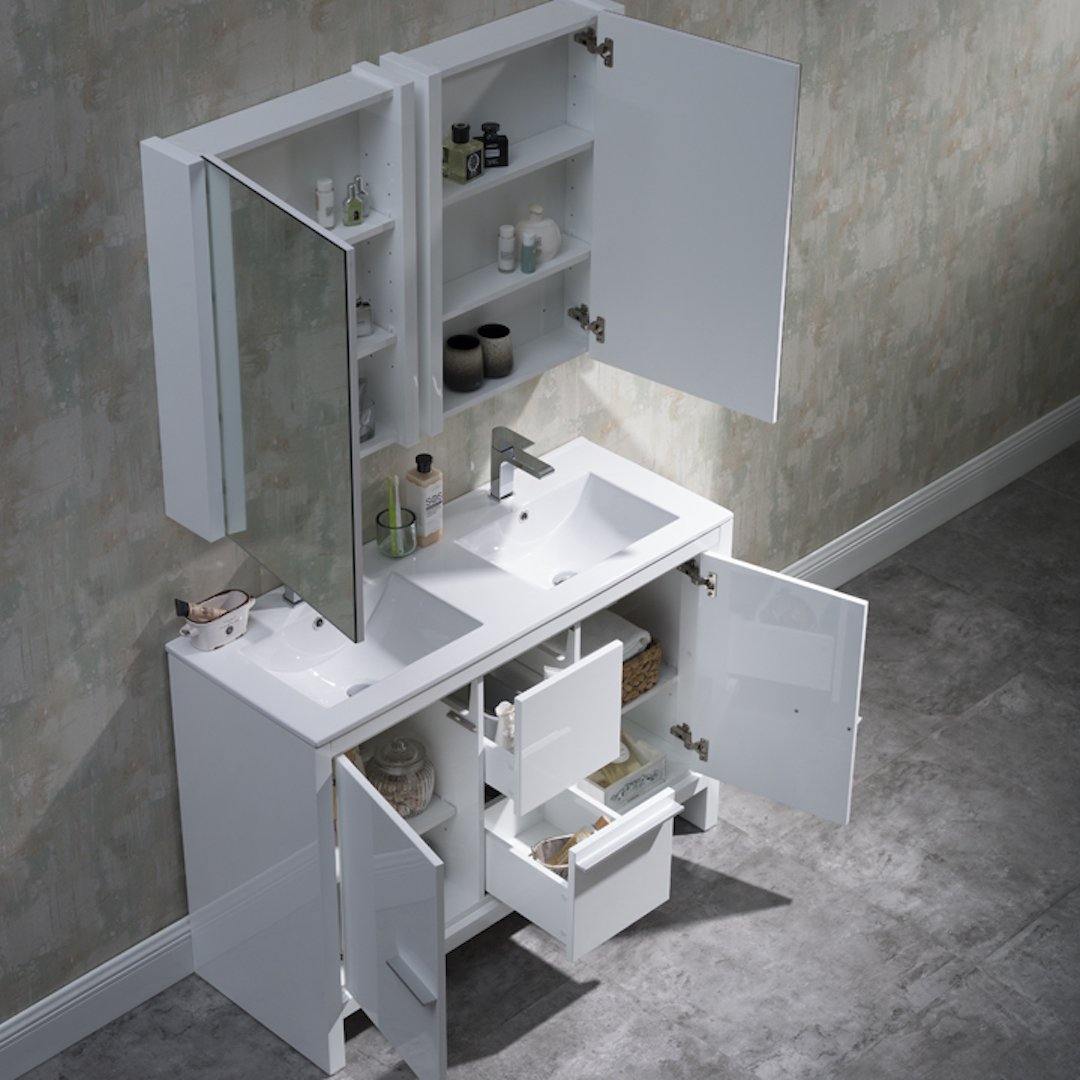 Blossom Milan 48 Inch Vanity Base in White / Silver Grey. Available with Ceramic Single Sink / Ceramic Double Sinks / Ceramic Single Sink + Mirror / Double Sinks + Mirror / Ceramic Double Sinks + Mirrored Medicine Cabinets - The Bath Vanities