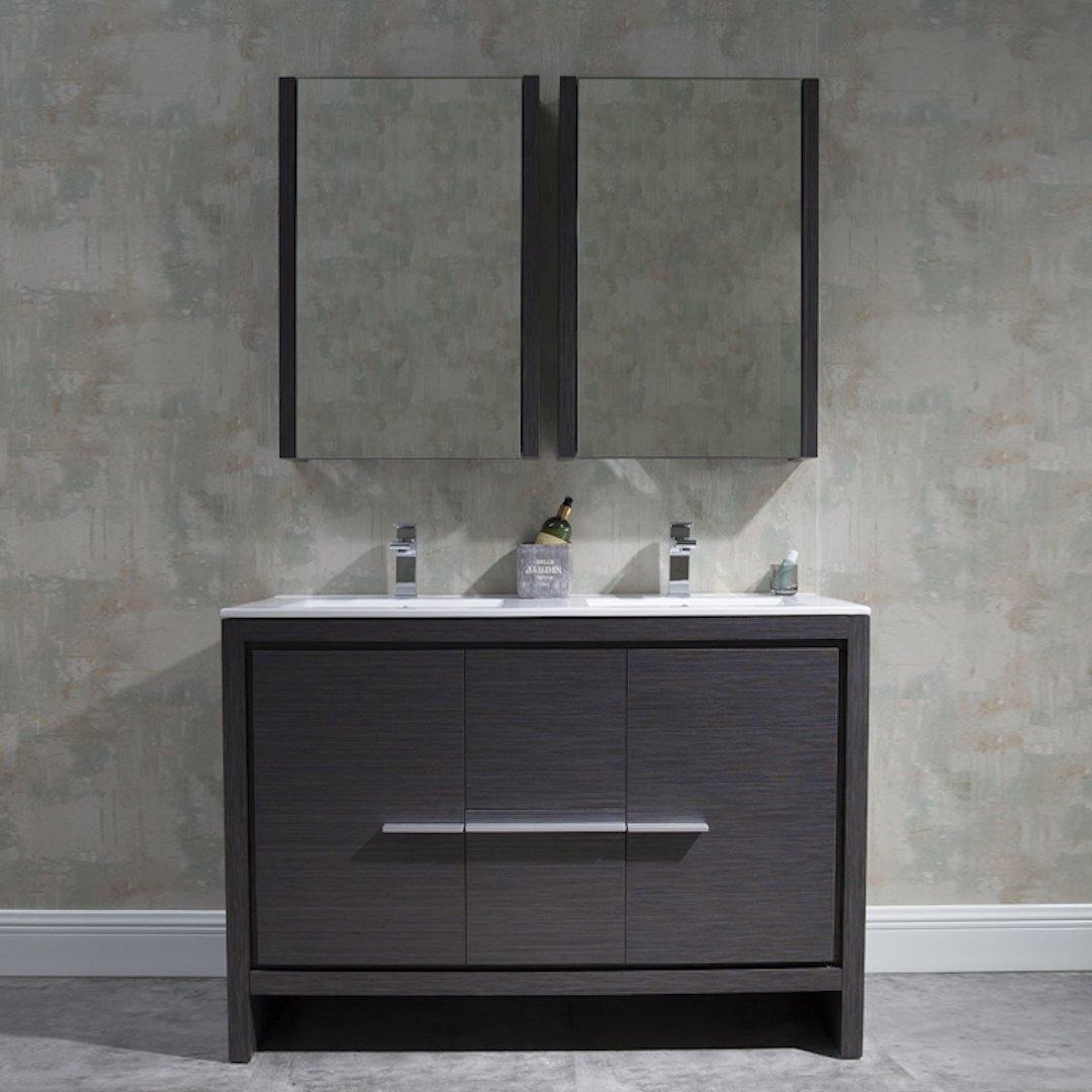 Blossom Milan 48 Inch Vanity Base in White / Silver Grey. Available with Ceramic Single Sink / Ceramic Double Sinks / Ceramic Single Sink + Mirror / Double Sinks + Mirror / Ceramic Double Sinks + Mirrored Medicine Cabinets - The Bath Vanities