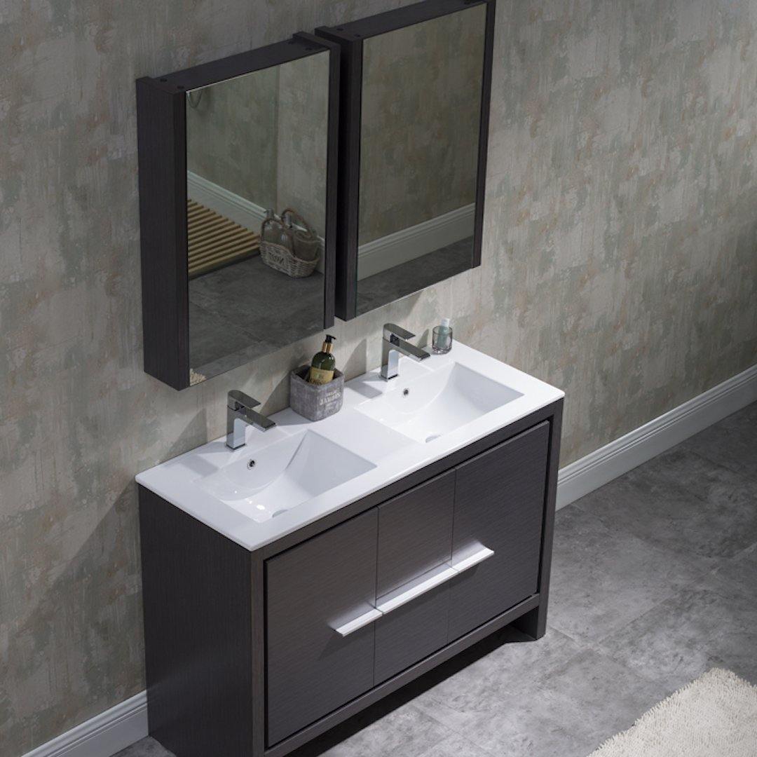 Blossom Milan 48 Inch Vanity Base in White / Silver Grey. Available with Ceramic Single Sink / Ceramic Double Sinks / Ceramic Single Sink + Mirror / Double Sinks + Mirror / Ceramic Double Sinks + Mirrored Medicine Cabinets - The Bath Vanities