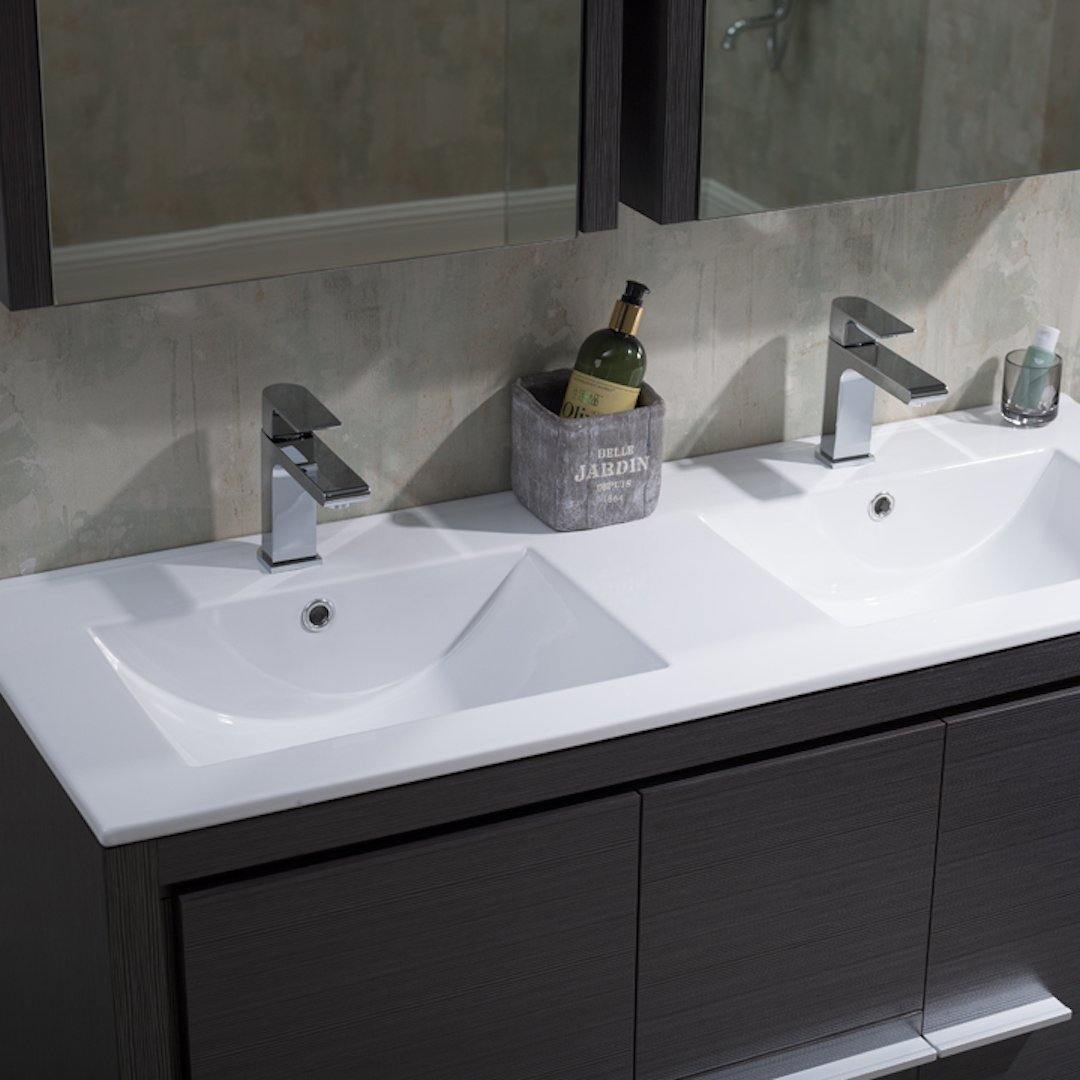 Blossom Milan 48 Inch Vanity Base in White / Silver Grey. Available with Ceramic Single Sink / Ceramic Double Sinks / Ceramic Single Sink + Mirror / Double Sinks + Mirror / Ceramic Double Sinks + Mirrored Medicine Cabinets - The Bath Vanities