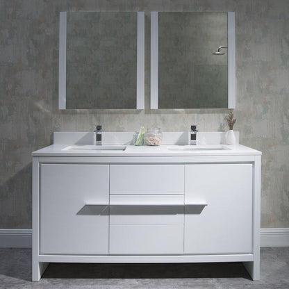 Blossom Milan 60 Inch Vanity Base in White / Silver Grey. Available with Ceramic Sink / Ceramic Sink + Mirror / Ceramic Sink + Mirrored Medicine Cabinet - The Bath Vanities