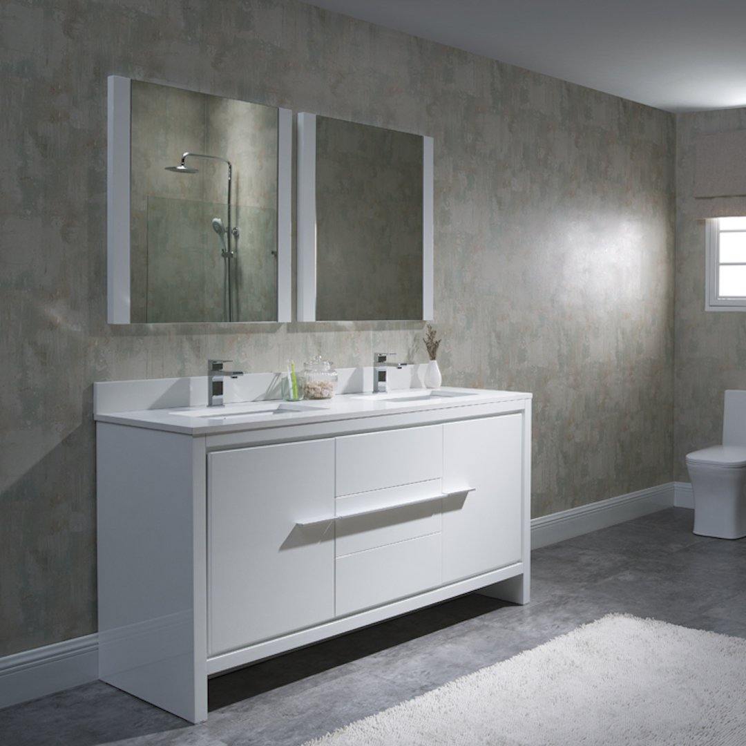 Blossom Milan 60 Inch Vanity Base in White / Silver Grey. Available with Ceramic Sink / Ceramic Sink + Mirror / Ceramic Sink + Mirrored Medicine Cabinet - The Bath Vanities