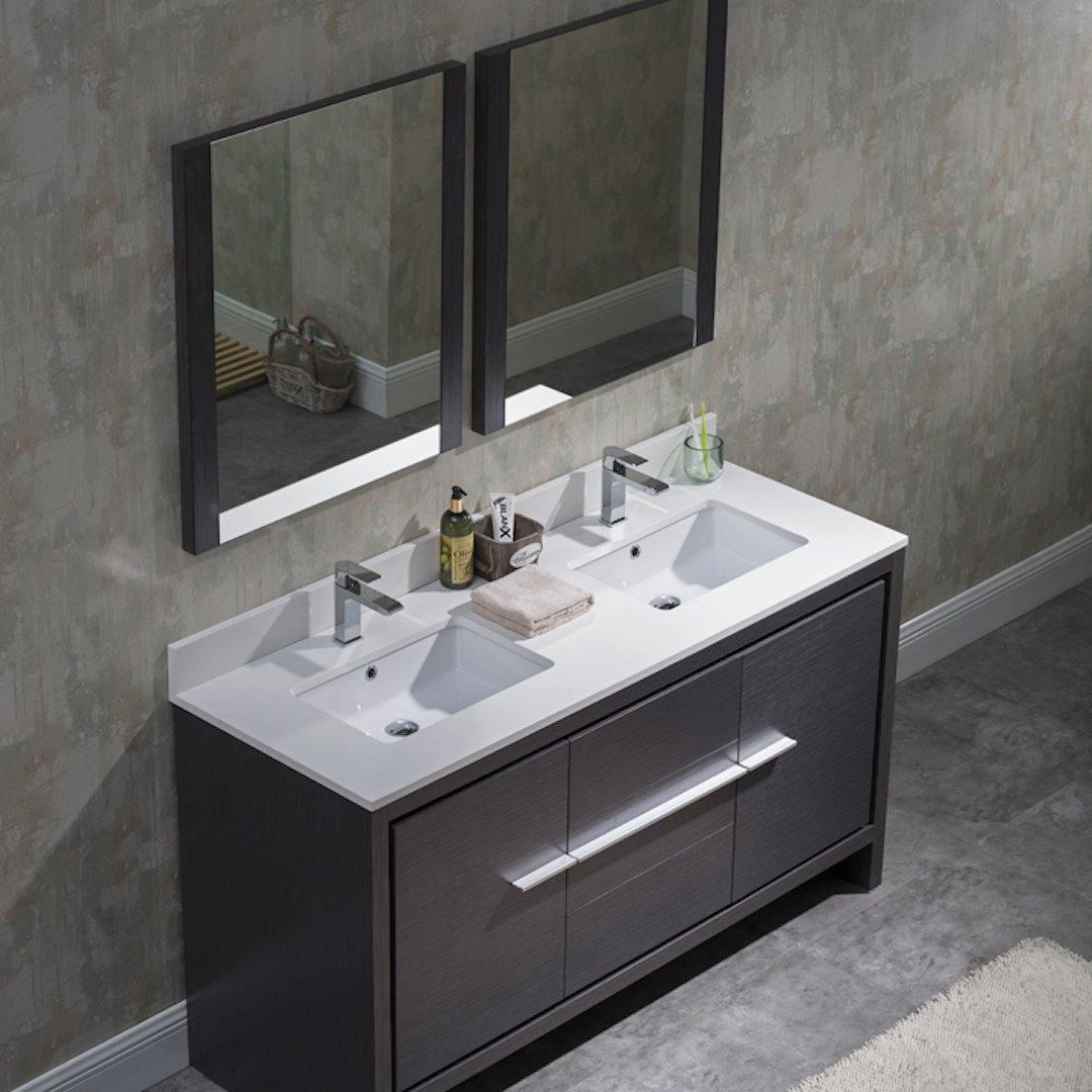 Blossom Milan 60 Inch Vanity Base in White / Silver Grey. Available with Ceramic Sink / Ceramic Sink + Mirror / Ceramic Sink + Mirrored Medicine Cabinet - The Bath Vanities