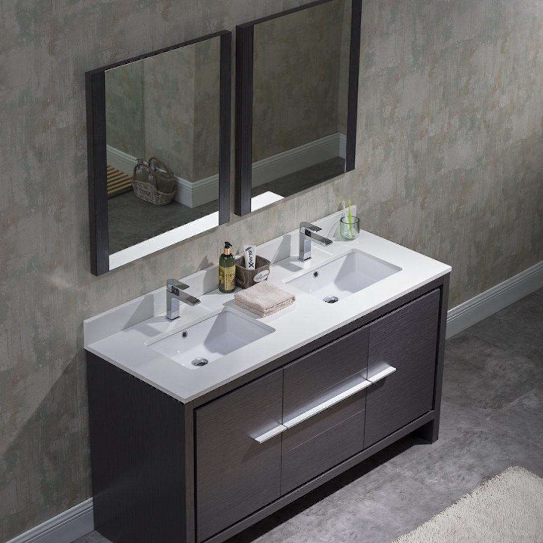 Blossom Milan 60 Inch Vanity Base in White / Silver Grey. Available with Ceramic Sink / Ceramic Sink + Mirror / Ceramic Sink + Mirrored Medicine Cabinet - The Bath Vanities