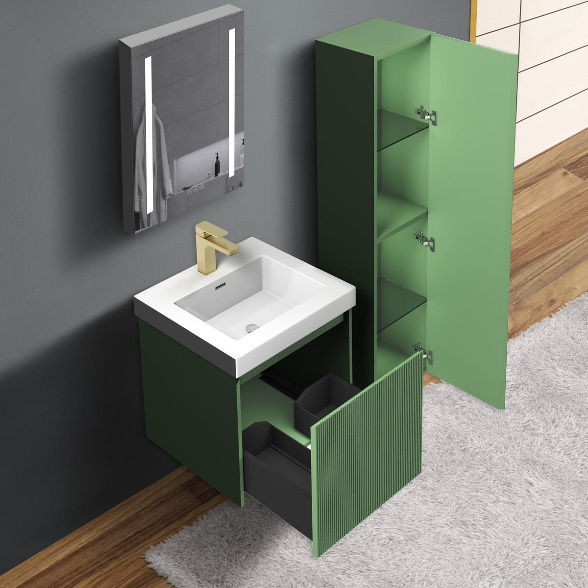 Blossom Positano 20" Floating Bathroom Vanity with Top & Side Cabinet Green side open