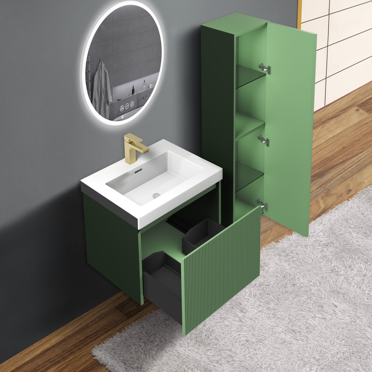 Blossom Positano 24" Floating Bathroom Vanity with Top & Side Cabinet Green side open