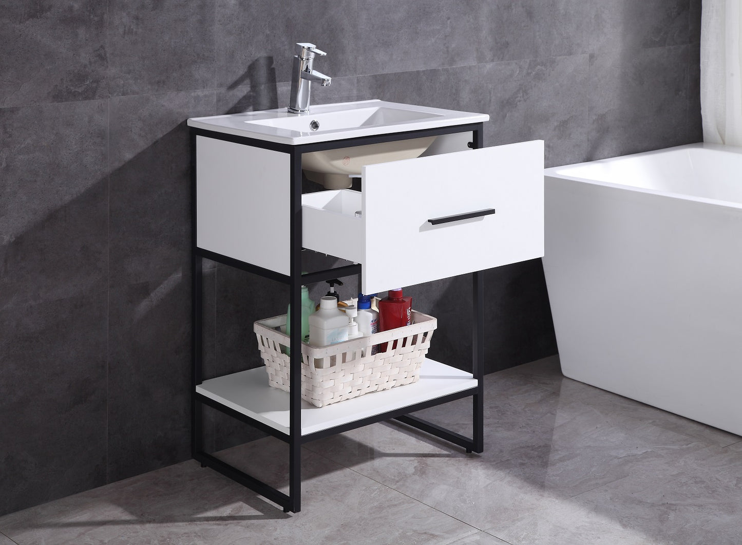 Legion Furniture 24" White Finish Sink Vanity with Black Metal Frame-Pvc - WH7024-WH-PVC