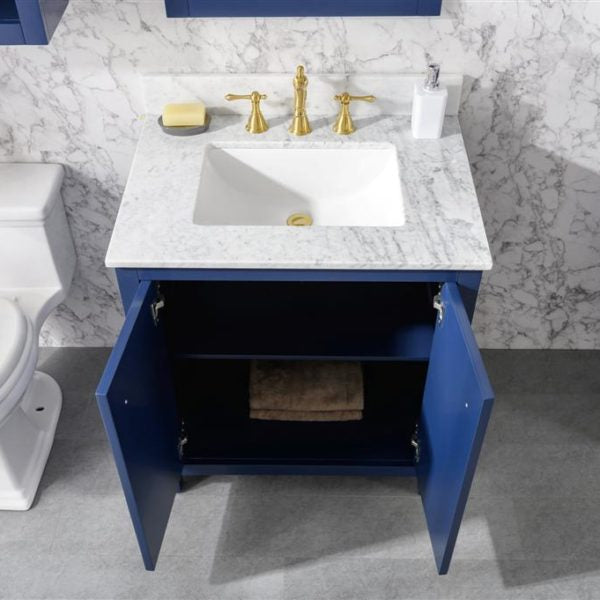 Legion Furniture 30" Blue Finish Sink Vanity Cabinet with Carrara White Top - WLF2130-B