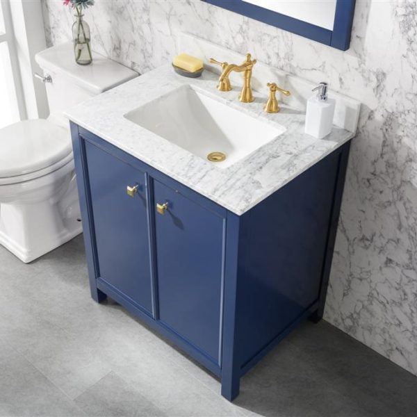 Legion Furniture 30" Blue Finish Sink Vanity Cabinet with Carrara White Top - WLF2130-B