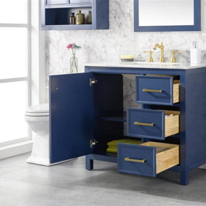 Legion WLF2136-B 36" Blue Finish Sink Vanity Cabinet with Carrara White Top, Front, Open door and drawers