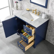 Load image into Gallery viewer, Legion WLF2136-B 36&quot; Blue Finish Sink Vanity Cabinet with Carrara White Top, Top view, Open doors and drawers
