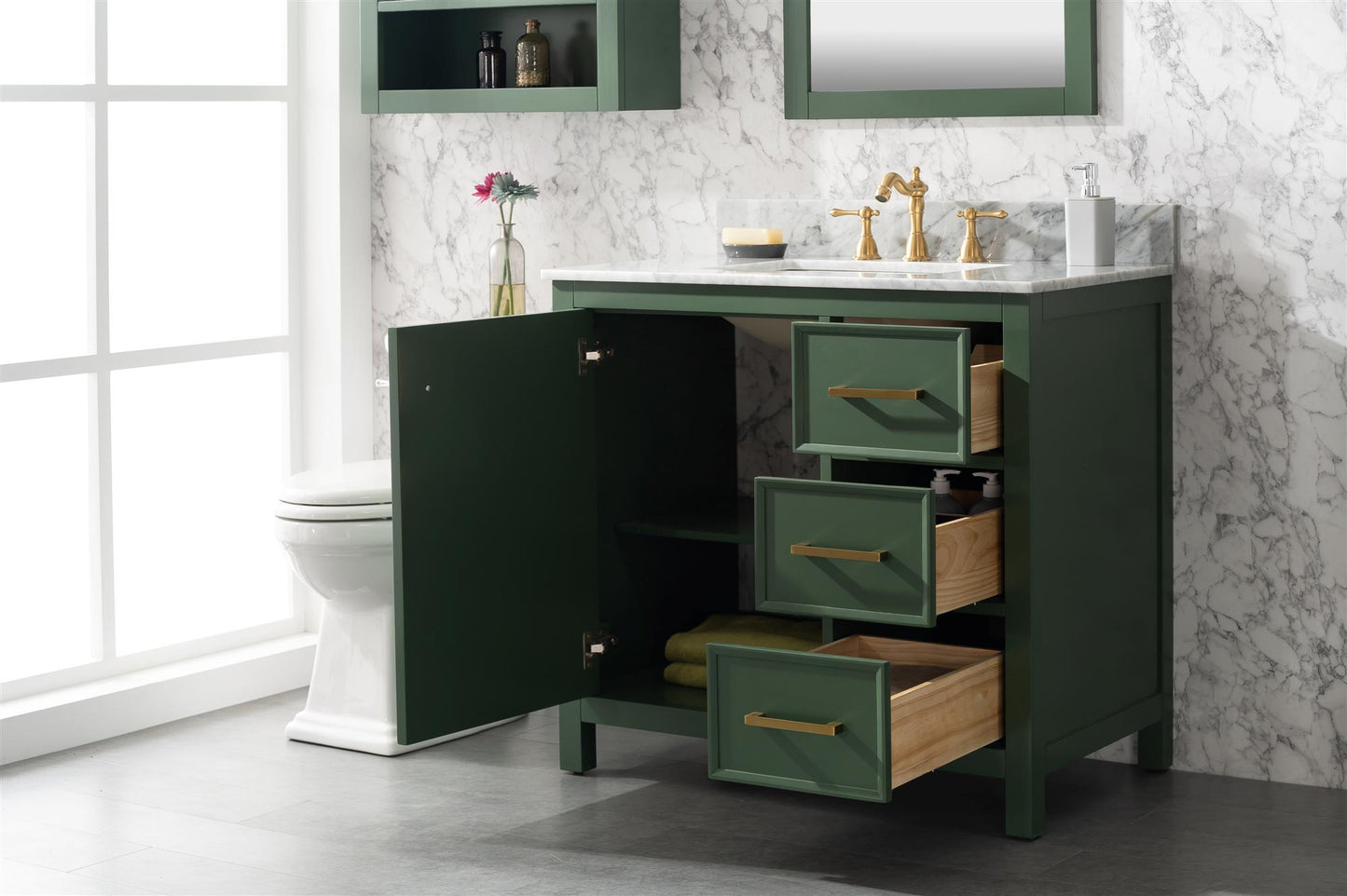 Legion Furniture 36" Vogue Green Finish Sink Vanity Cabinet with Carrara White Top - WLF2136-VG