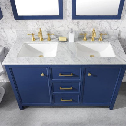 Legion Furniture 54" Blue Finish Double Sink Vanity Cabinet with Carrara White Top - WLF2154-B