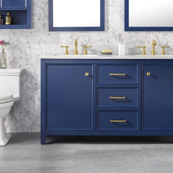 Legion Furniture 60" Blue Finish Double Sink Vanity Cabinet with Carrara White Top - WLF2160D-B