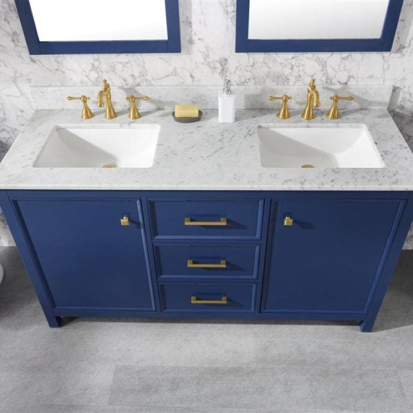 Legion Furniture 60" Blue Finish Double Sink Vanity Cabinet with Carrara White Top - WLF2160D-B