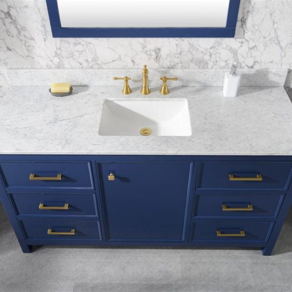 Legion Furniture 60" Blue Finish Single Sink Vanity Cabinet with Carrara White Top - WLF2160S-B