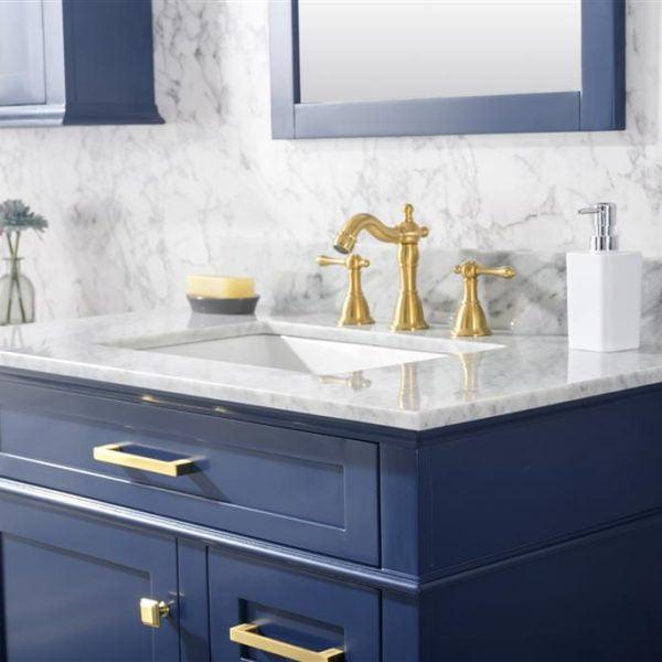Legion 36" Blue Finish Sink Vanity Cabinet with Carrara White Top, Close top view