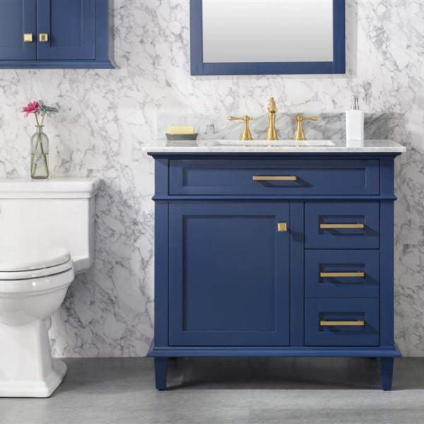 Legion 36" Blue Finish Sink Vanity Cabinet with Carrara White Top, Front