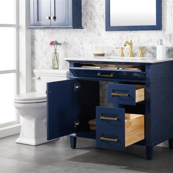 Legion 36" Blue Finish Sink Vanity Cabinet with Carrara White Top, Open doors and drawers