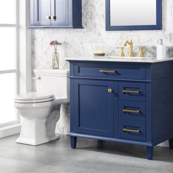 Legion 36" Blue Finish Sink Vanity Cabinet with Carrara White Top. Front