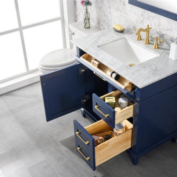 Legion 36" Blue Finish Sink Vanity Cabinet with Carrara White Top, Open doors and drawers
