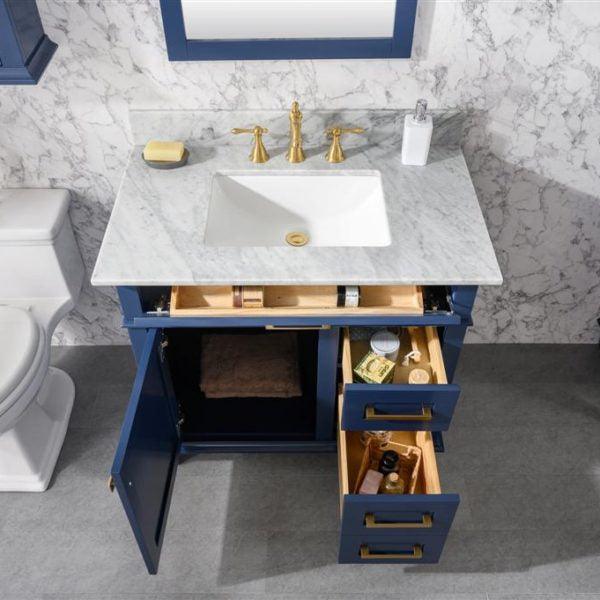 Legion 36" Blue Finish Sink Vanity Cabinet with Carrara White Top, Top view with open doors and drawers