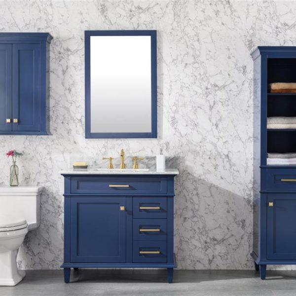 Legion 36" Blue Finish Sink Vanity Cabinet with Carrara White Top, Front