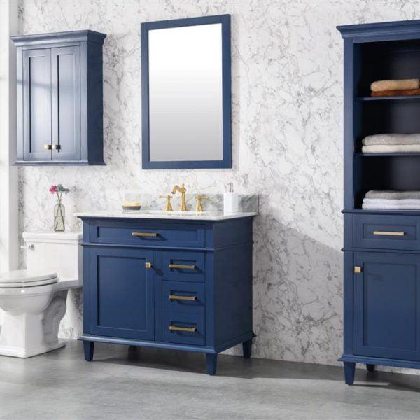 Legion 36" Blue Finish Sink Vanity Cabinet with Carrara White Top, Front