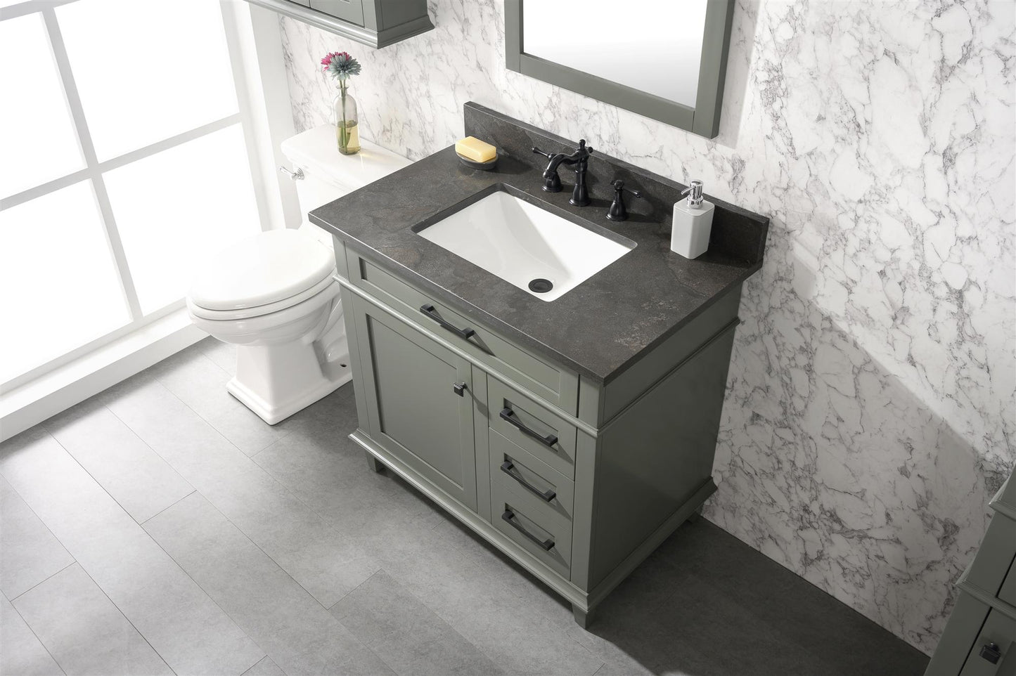 Legion Furniture 36" Pewter Green Finish Sink Vanity Cabinet with Blue Lime Stone Top - WLF2236-PG