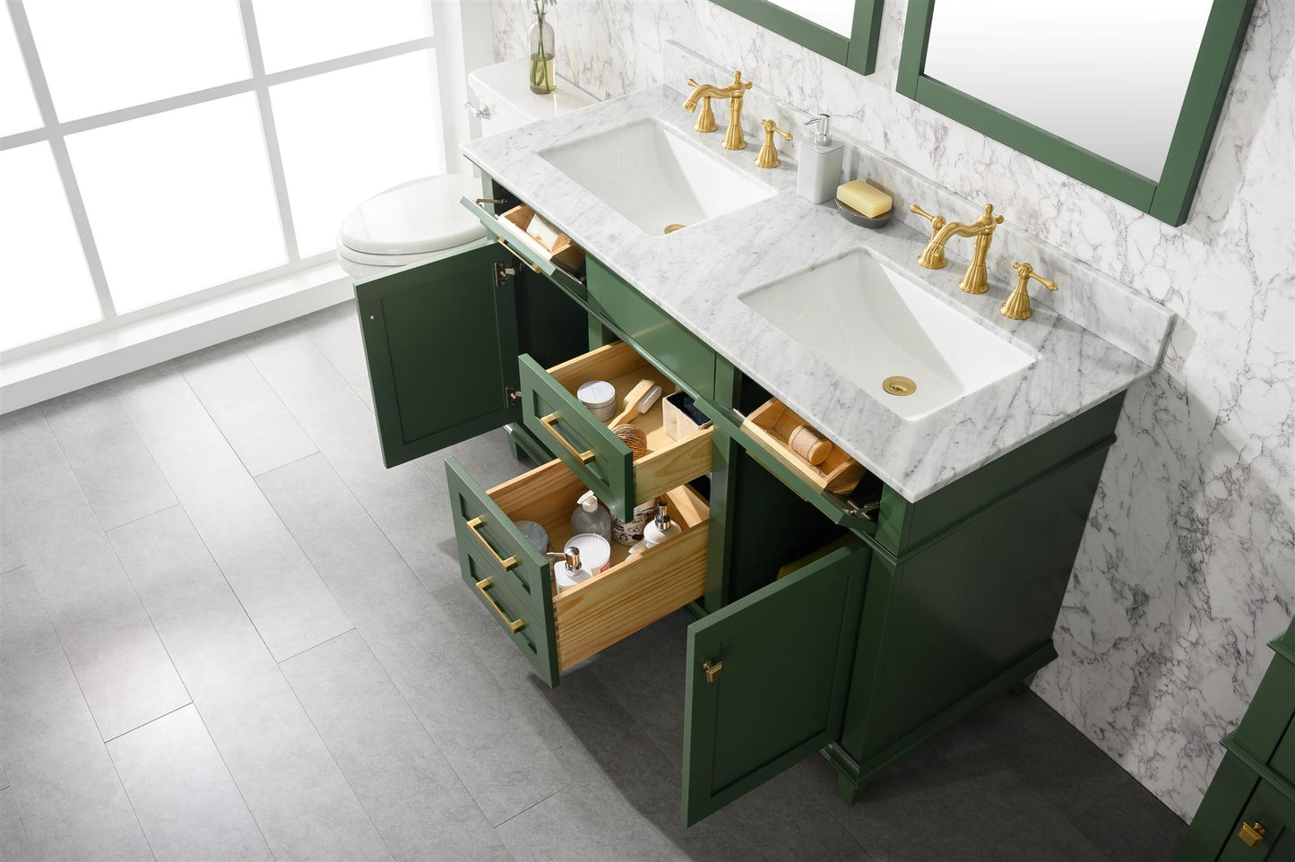 Legion Furniture 54" Vogue Green Finish Double Sink Vanity Cabinet with Carrara White Top - WLF2254-VG