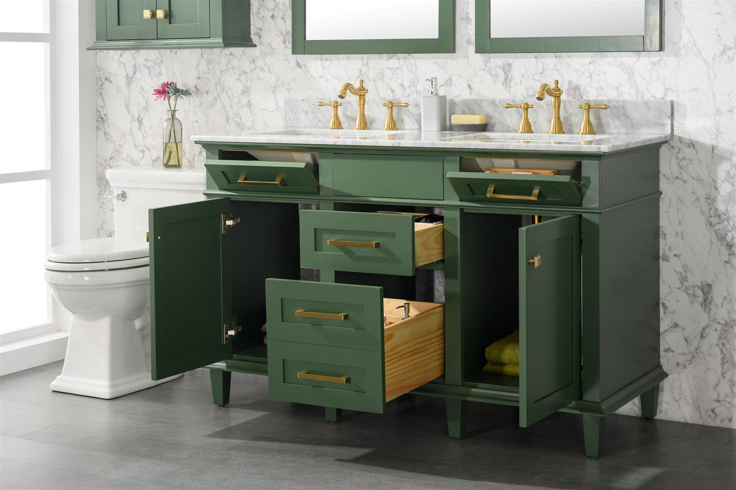 Legion Furniture 54" Vogue Green Finish Double Sink Vanity Cabinet with Carrara White Top - WLF2254-VG